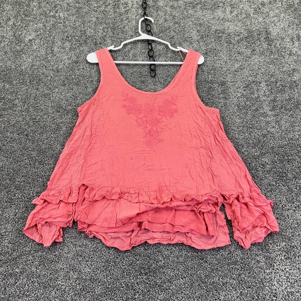 Democracy Tank Top Womens L Pink Embroidered Ruffle Hem Tunic Summer Casual